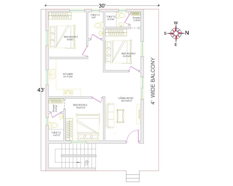 3BHK West Floor Plan