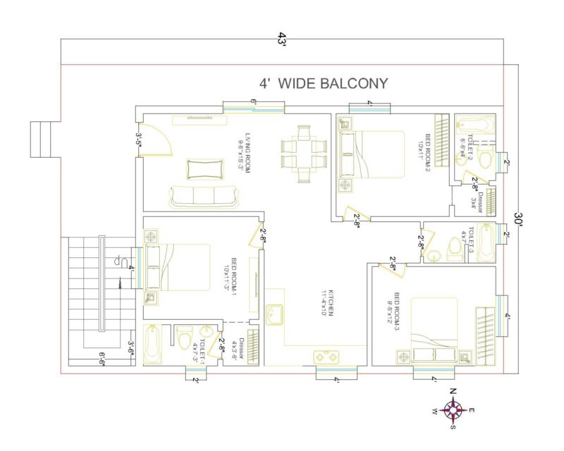3BHK West Floor Plan