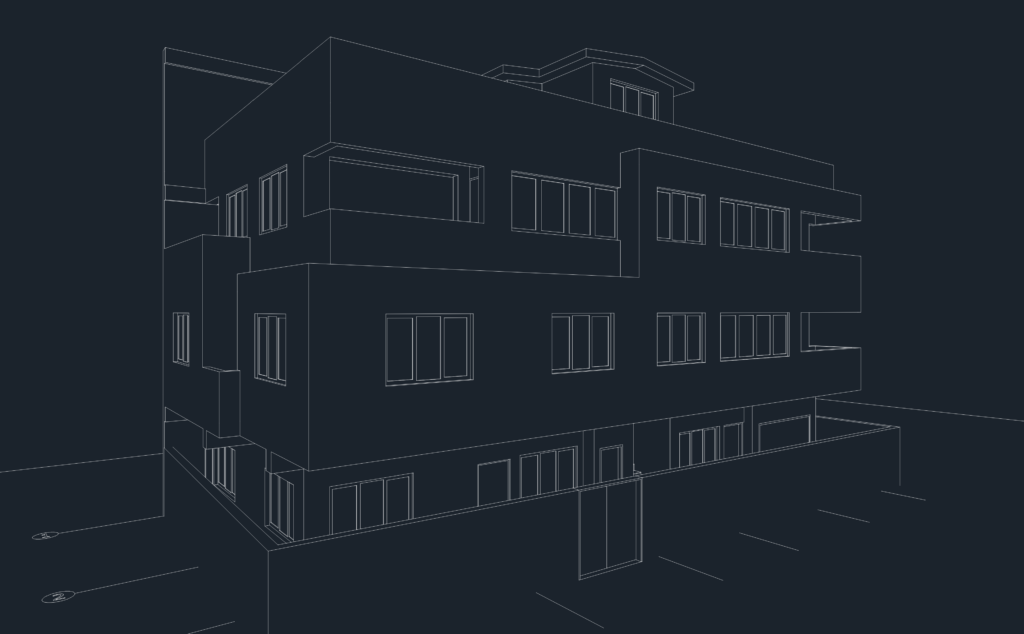 3D wireframe perspective of a multi-story residential apartment building with window openings and site boundary.