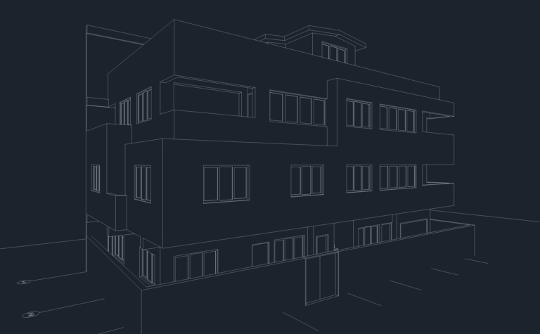 3D wireframe perspective of a multi-story residential apartment building with window openings and site boundary.