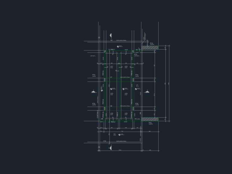 2D CAD floor plan of a sub-basement parking garage showing hydraulic layouts, structural dimensions, and pump station zones.