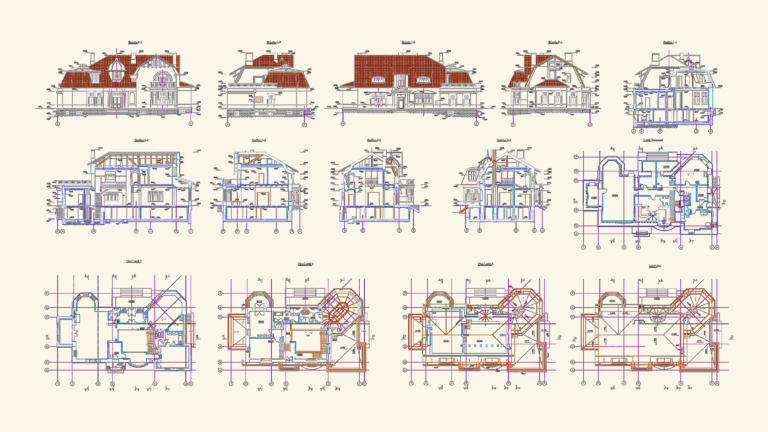 CAD floor plans, facade elevations, and cross-sections for a 4-level residential villa with elevator and basement.