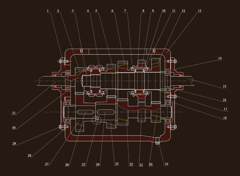 Cross-section CAD drawing of a 4-speed 3-shaft mechanical gearbox with numbered parts list callouts.