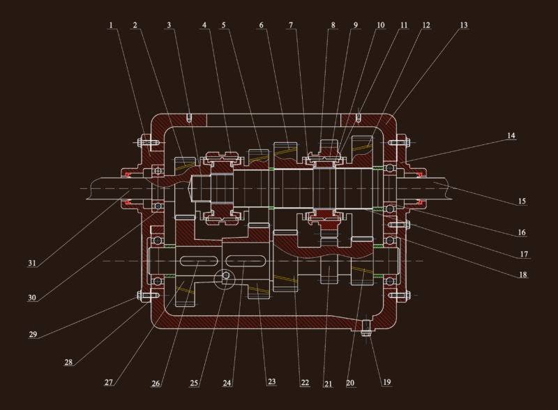 4-Speed 3-Shaft Mechanical Gearbox Assembly and Section Drawing