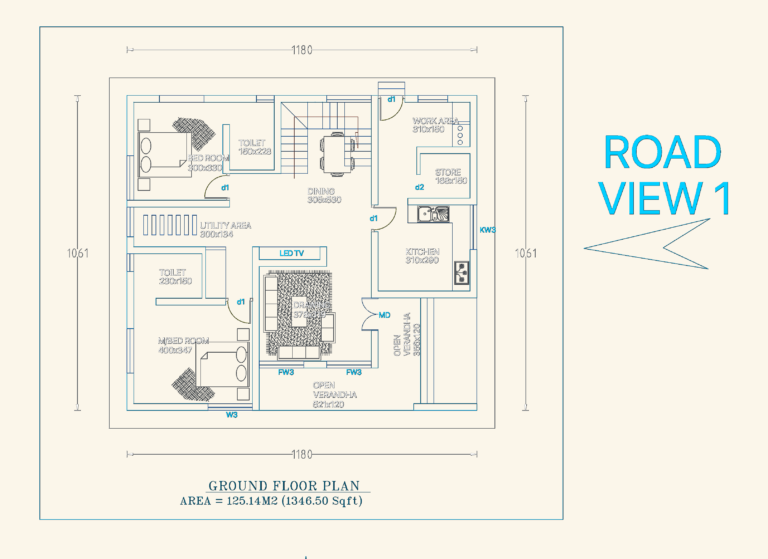 2D ground floor architectural plan for a 4BHK house showing room dimensions, kitchen layout, and master bedroom layout.