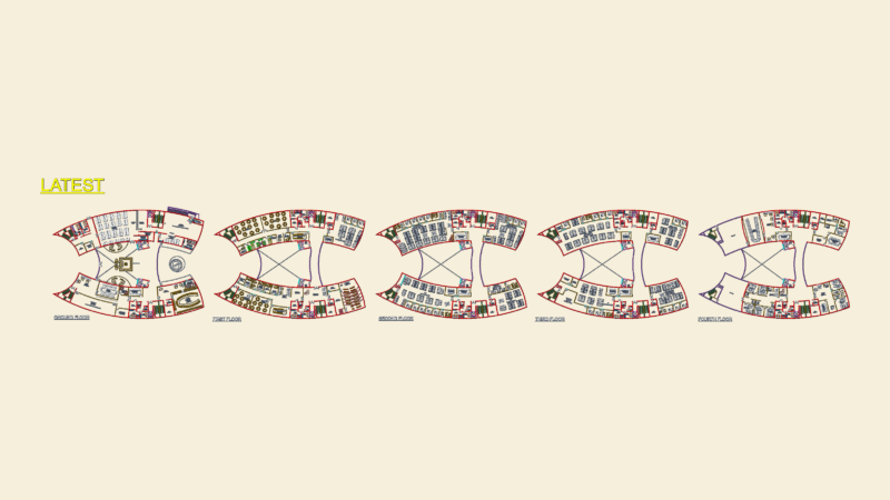 5-Story Administrative Building Floor Plans and Furniture Layout