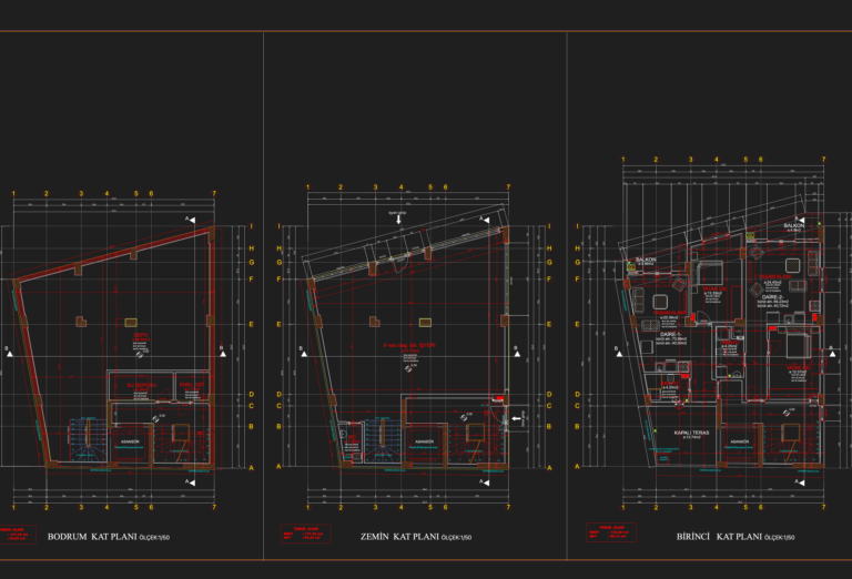 2D CAD architectural plans for basement, ground, and first floor levels of a multi-unit residential building.