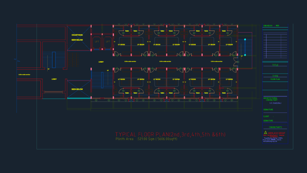 Architectural typical floor plan for a 521 sqm hospital featuring patient rooms, toilets, lobby, and circulation areas.
