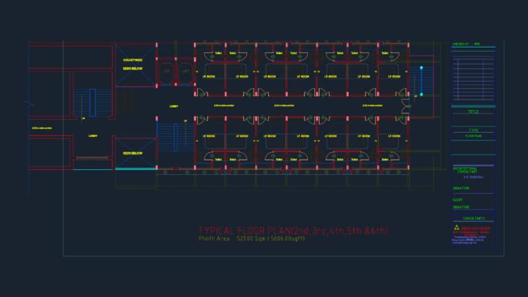 Architectural typical floor plan for a 521 sqm hospital featuring patient rooms, toilets, lobby, and circulation areas.