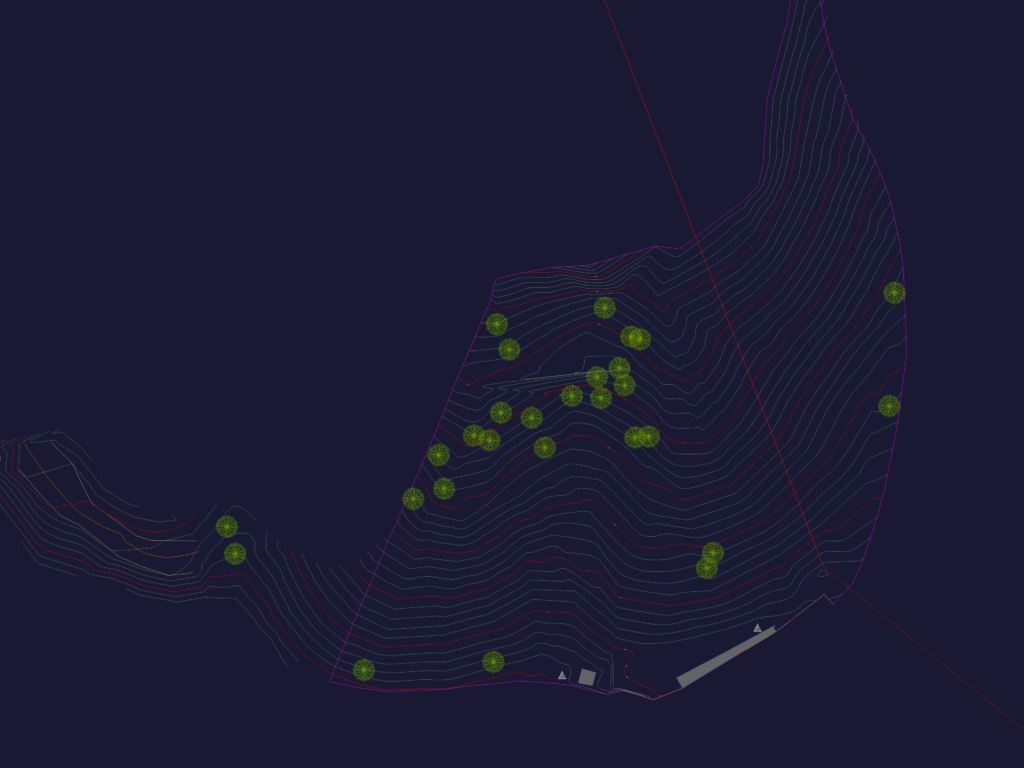 Topographic CAD plan of a lot in El Peñol featuring contour lines, tree locations, and property boundaries.