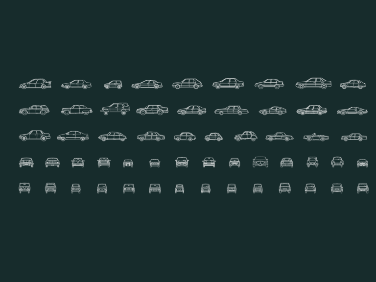 CAD blocks of 56 cars shown in side, front, and rear elevation views.