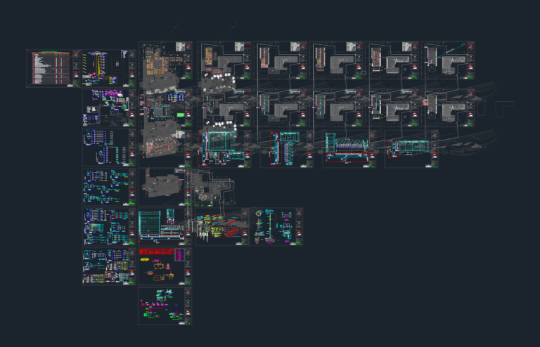 CAD drawing set showing electrical site plans, MVMDB/LVMDB SLDs, lighting layouts, and power distribution for a hotel project