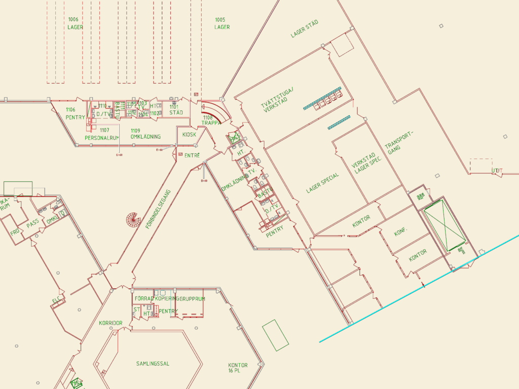 CAD floor plan of a 64,000 sqm industrial warehouse with production zones, offices, and changing rooms.