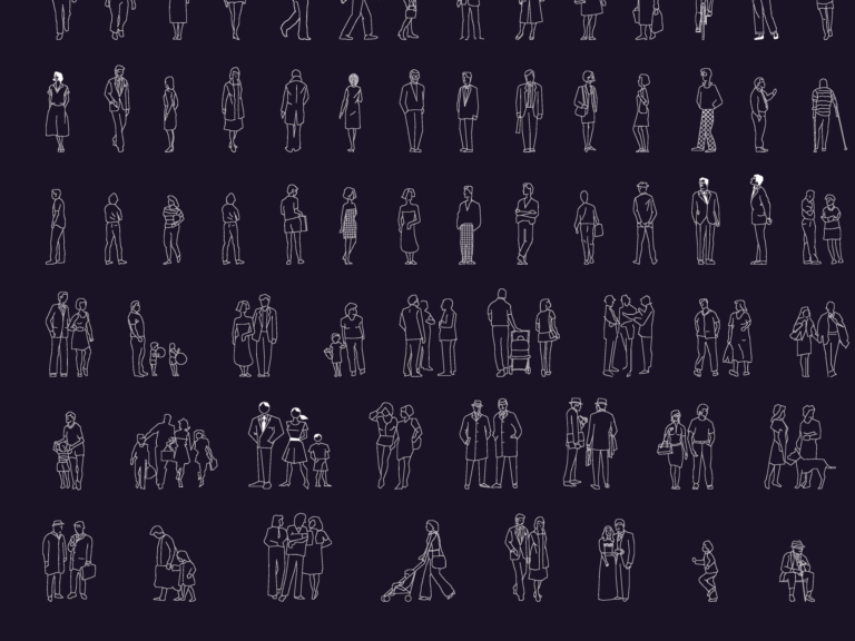 2D CAD blocks of people in elevation, including families, children, strollers, bicycles, and adults in various attire.