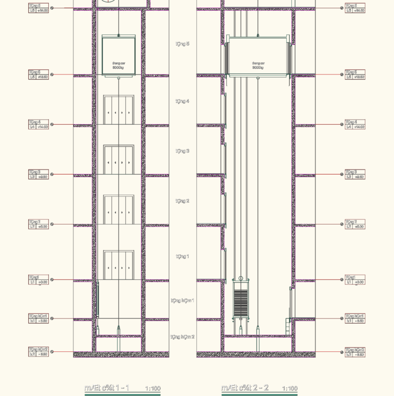 Architectural sections of a passenger lift shaft showing car assembly, counterweights, and multiple floor levels.