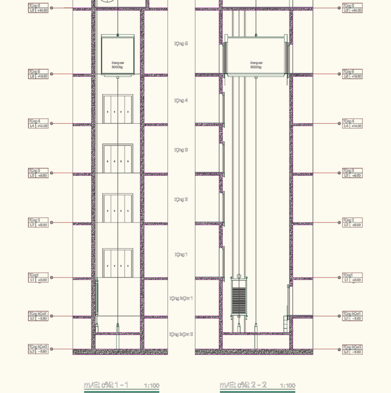 7-story passenger lift details with shaft sections and specs