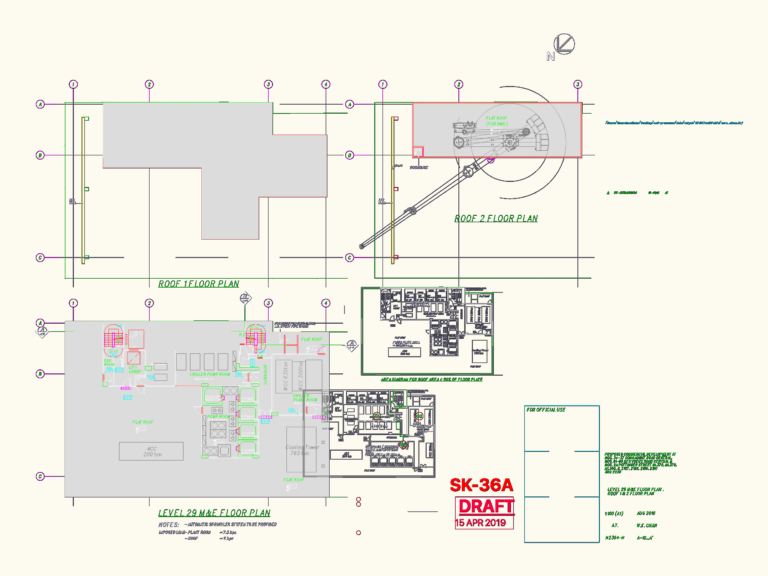 CAD drawings of Level 29 M&E floor plan and roof layouts featuring a 765 ton cooling tower and chiller pump room.