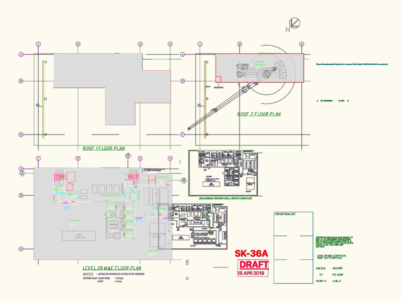 765 ton cooling tower and chiller plant M&E layouts for Level 29 and roof