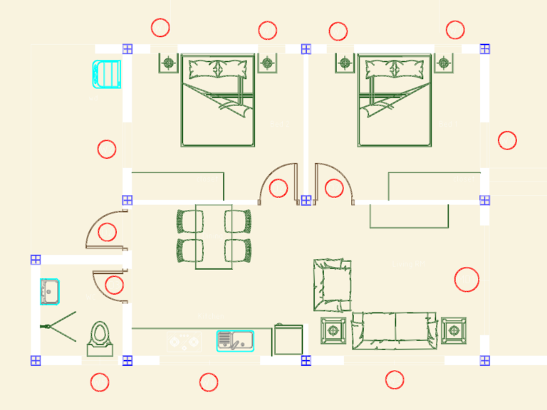7x12m floor plan layout for a two-bedroom house showing furniture, structural columns, and door and window schedules.