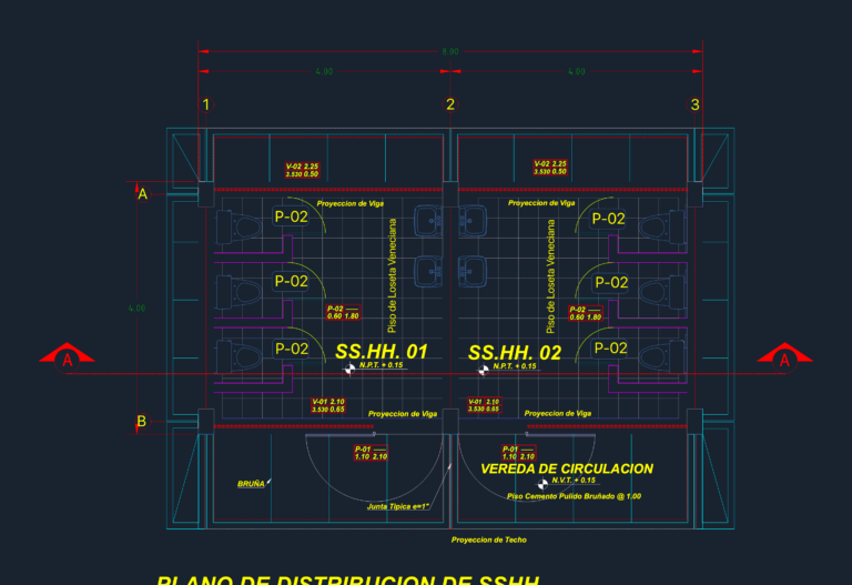 CAD floor plan of an 8x4m public restroom module showing architectural layout, toilet stalls, sinks, and structural grid.