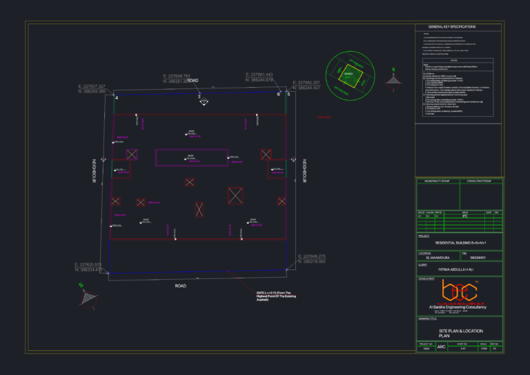 CAD site plan of a B+G+M+1 residential building with plot coordinates, location map, and Civil Defense specifications.