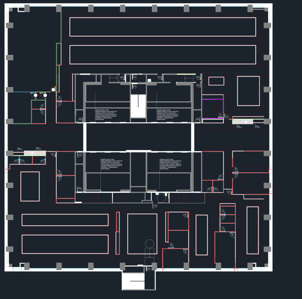 8th floor office CAD floor plan showing interior partitions, demolition zones, and technical civil notes.
