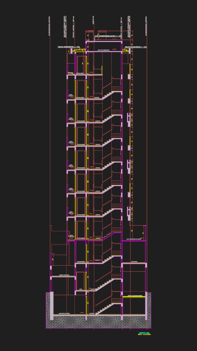 Architectural vertical section of a 9-story residential building showing stairs, elevator shafts, and subsoil levels.