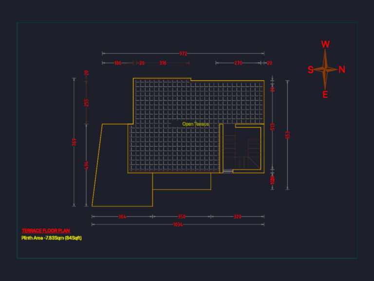 Terrace floor plan for a 923 sq ft two-story house showing dimensions, staircase layout, and compass orientation.