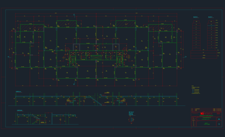 CAD drawing of 9th floor structural formwork showing beam layout, slab details, column schedule, and cross sections.