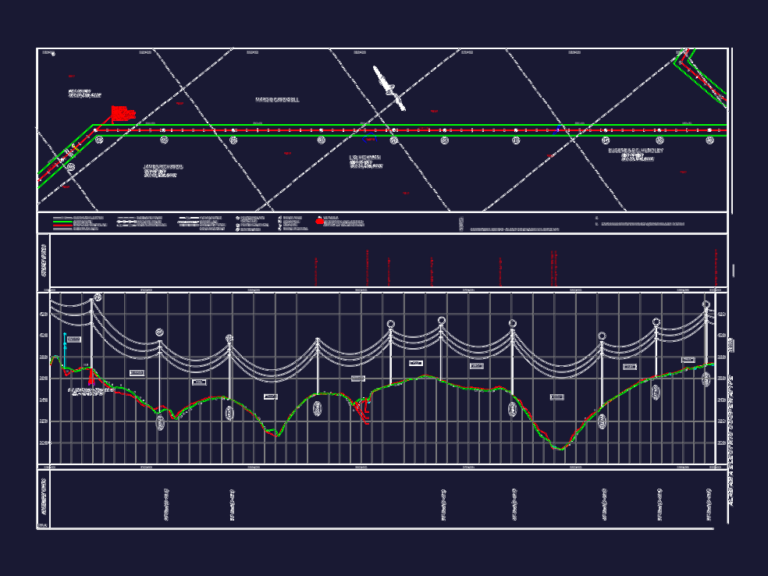 CAD drawing showing plan and profile views of a high-voltage transmission line with catenary curves and pole locations.