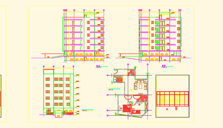 CAD elevations, sections, and floor plans of a multi-story residential apartment building with parking levels.