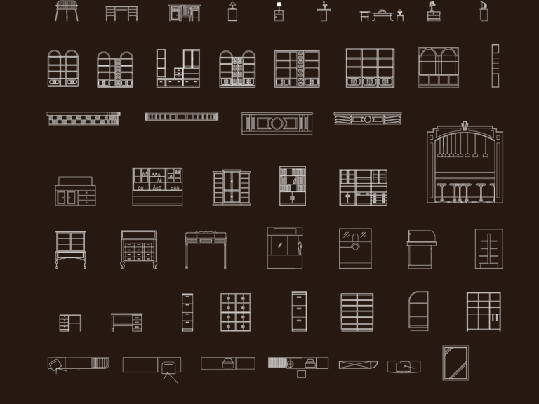 2D CAD elevations of auxiliary furniture including desks, shelving units, bar counters, stools, and cabinetry.