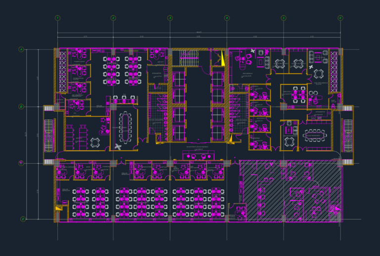 Ground floor CAD plan of a corporate office with furniture layout, meeting rooms, partitioned departments, and grid axes.