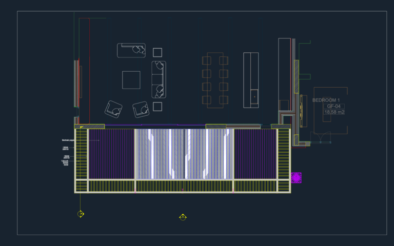 CAD architectural plan of a bioclimatic pergola structure with steel I-beams and tubular framing members.