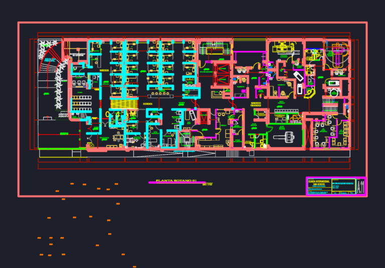 Detailed architectural CAD floor plan of a hospital basement showing emergency and diagnostic wings.