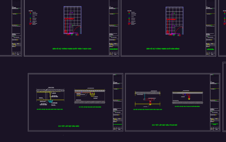 FM200 fire suppression CAD plans showing ceiling and floor layouts, smoke detector details, and gas nozzle installation.