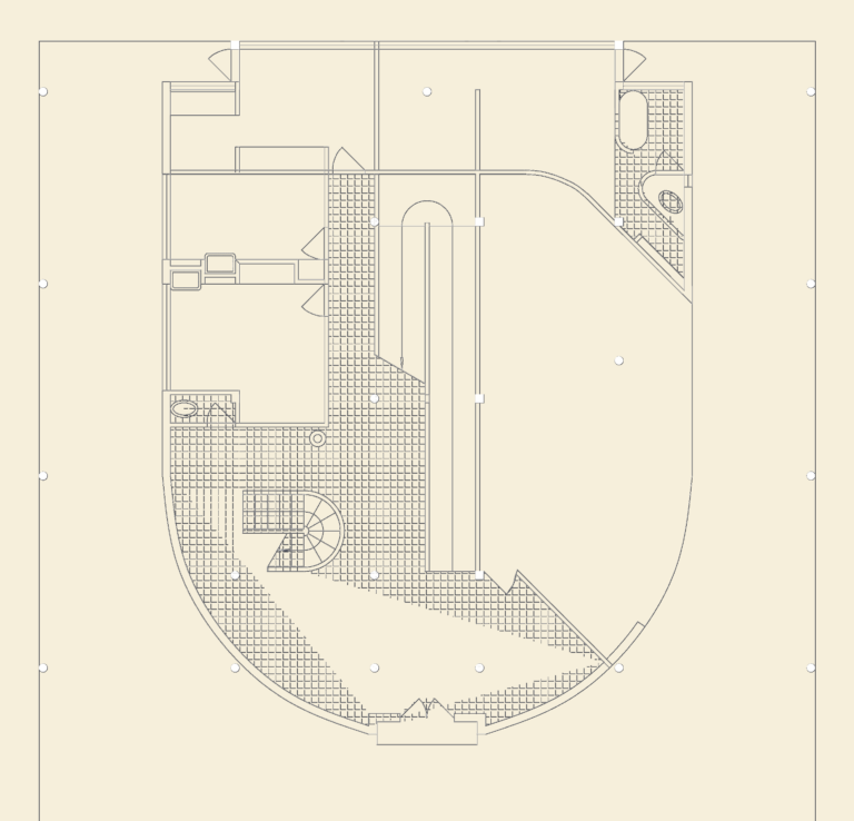 Ground floor plan of Villa Savoye featuring the pilotis column grid, central ramp, and spiral staircase.