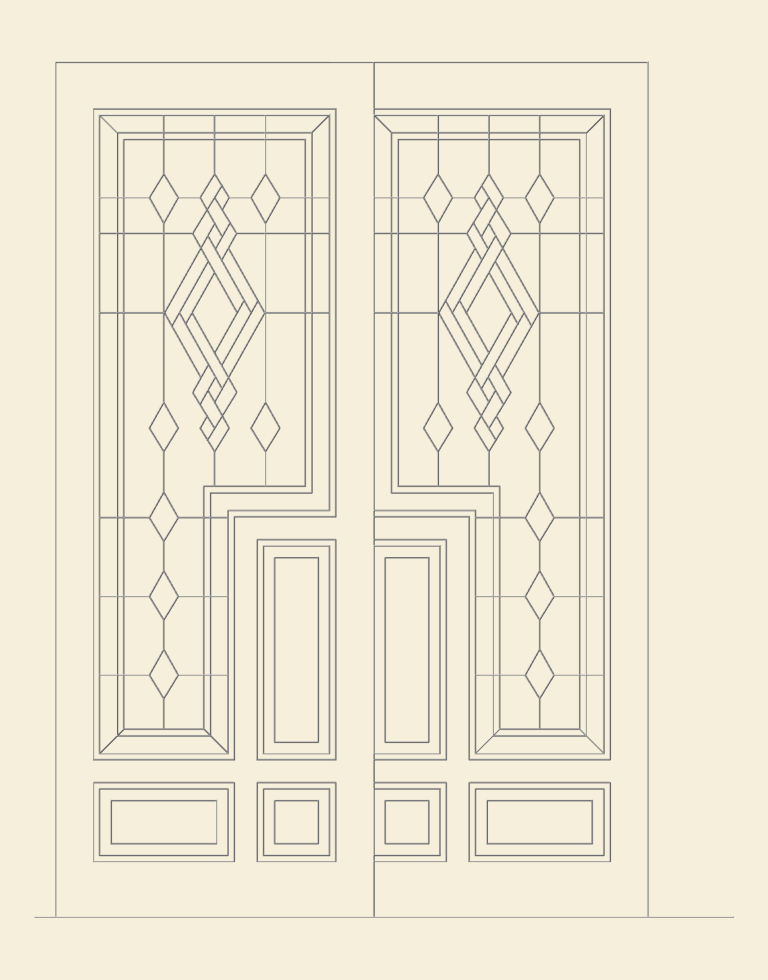Front elevation CAD drawing of a wooden double door HL-M202 with intricate geometric lattice and bottom paneling.