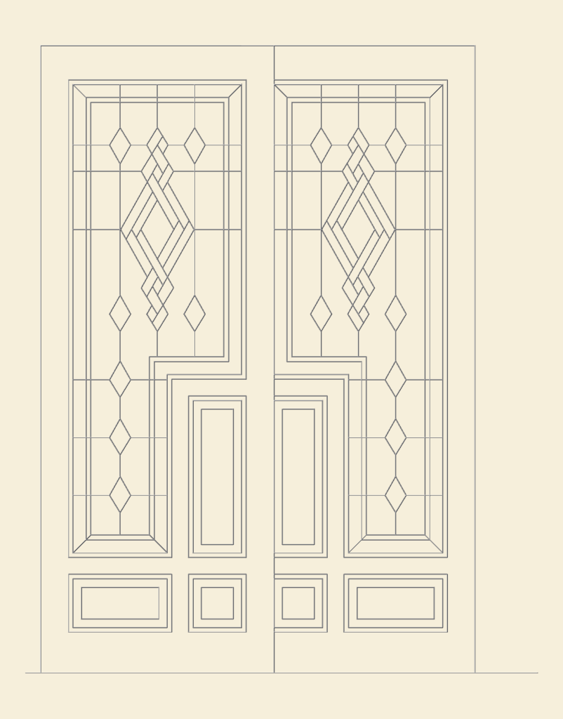Front elevation CAD drawing of a wooden double door HL-M202 with intricate geometric lattice and bottom paneling.