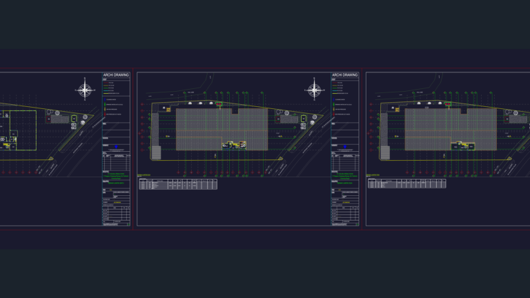 Architectural floor plans and utility layouts for a food processing factory with room schedules and technical legends.