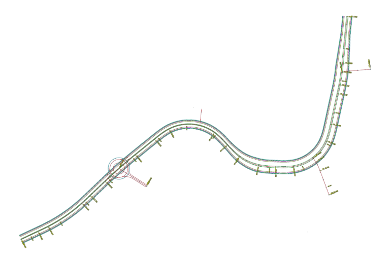 2D plan view of a highway road alignment with transition curves, 25m chainage markers, and a road junction.