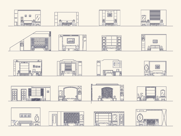 2D front elevation CAD drawings of 20 master bedroom furniture sets with millwork, headboards, and dressing tables.