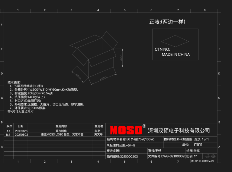 Technical drawing of a MOSO E6 shipping box with 3D perspective, L500xW310xH160mm dimensions, and material specifications.