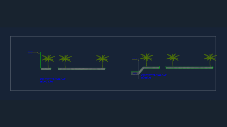 CAD elevations of palm tree planting sections for a perimeter fence and pond embankment.