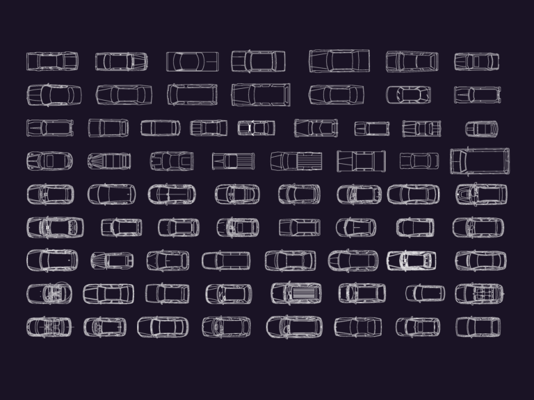 Top-down plan view drawings of 71 different vehicle types including sedans, SUVs, and light trucks.