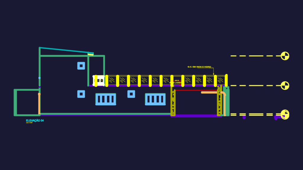 2D CAD architectural elevation of a residential house featuring floor level markers and glass railing details.