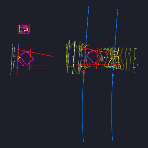 CAD site survey plan with topography contours, property boundaries, setback lines, and residential floor plan layout.