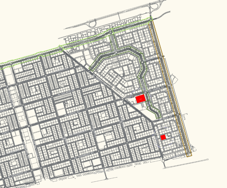 Site infrastructure layout and road network map for Al Mireef and Al Bandar urban development.