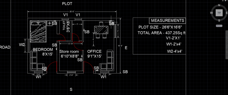 Commercial office 2D plan with 1 bedroom 1store room and 2 toilets PDF File