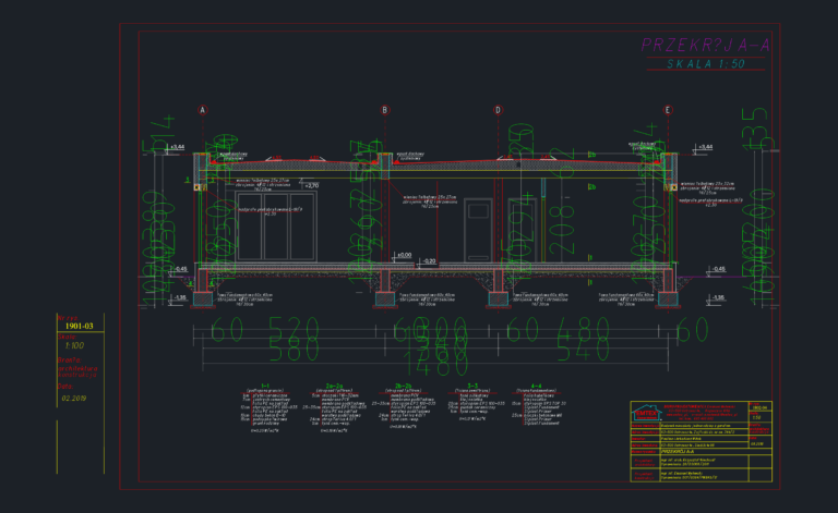 Architectural CAD cross-section of a single-family house showing foundation details, wall layers, and roof structure.